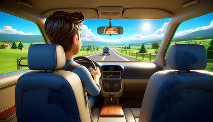3D Rendered Scene: Backseat View of Person Driving a Car, High-Resolution 3D Render: Perspective from Backseat Looking at Driver in Car
