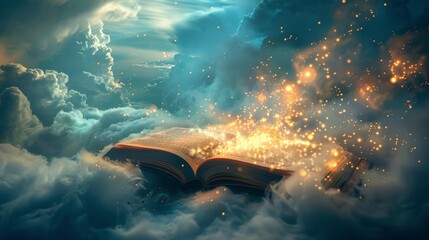 Mystical fairy tales springing from an open book, surrounded by fluffy clouds, sparkling lights enhancing the magical feel © Paul