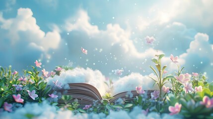 Enchanted open book with fairy tales leaping out, fluffy clouds floating around, vibrant and dreamy scene