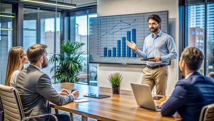 Venture Capital Pitch: A startup founder pitching to a venture capitalist, using compelling visuals and data on a large screen in a minimalist office, emphasizing investment attraction and startup gro