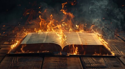 Christian book open on a wooden table, pages flickering with hellish fire, dark and ominous setting