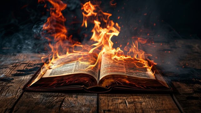 Christian book open on a wooden table, pages flickering with hellish fire, dark and ominous setting