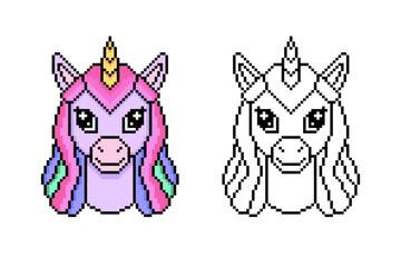 Unicorn in pixel art style on white background.