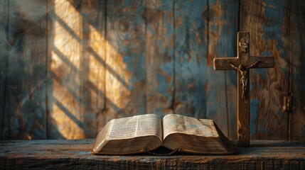 Antique open Bible beside a handcrafted wooden cross on an aged wooden table, warm lighting