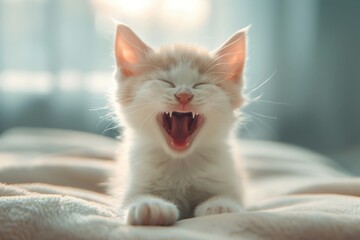 Funny cat laughing. Portrait of a laughing cat largely. White kitten with a red, small and cute. A cat in a good mood 