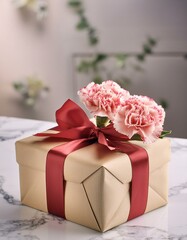 Charming Gift: Carnations and Red Ribbon Box on Marble Desk, Mock-Up