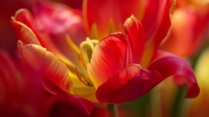 A close-up of a blooming tulip showcases its vibrant red and yellow petals.