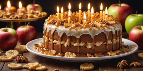 Symbols of birthday celebration:Caramel apple cake, apple slices, caramel drizzle, streusel topping, caramel buttercream, apple chips