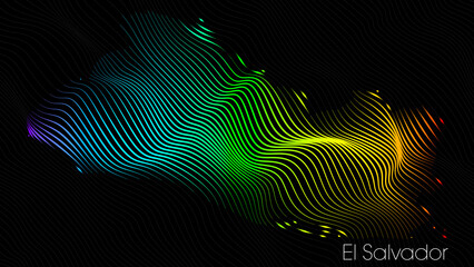 A map of El Salvador is presented in the form of colorful vertical lines against a dark background. The country's borders are depicted in the shape of a rainbow-colored diagram.