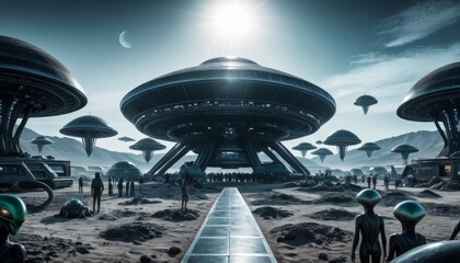 A captivating portrayal of a utopian alien cityscape, with sleek, mushroom-like buildings under a bright sun and crescent moon, hosting a civilization of slender, humanoid figures on a barren planet
