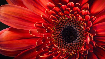 A close-up of a vibrant red gerbera daisy showcases its intricate petals. 