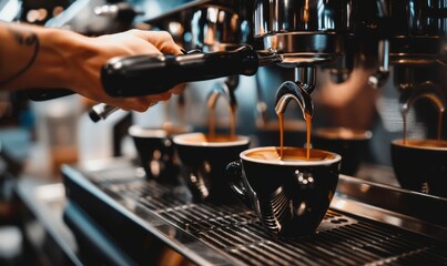 A barista's hands skillfully pour coffee from an espresso machine, with the steaming hot liquid adding to the inviting atmosphere of early morning or late evening at a cafe