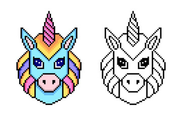 Unicorn in pixel art style on white background.