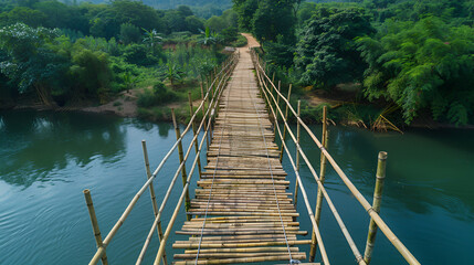 Obraz premium Bamboo pedestrian suspension bridge over river, generative Ai