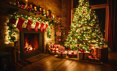 Cozy Christmas Scene with Tree, Presents, and Fireplace