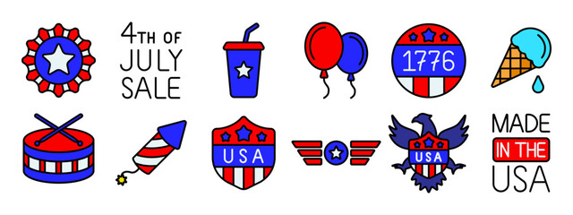 4th of July set icon. Drum, rocket, USA shield, balloons, eagle, fireworks, soda cup, calendar, American flag, hat, burger, barbecue, blimp, sunglasses, patriotic symbols. Independence Day concept