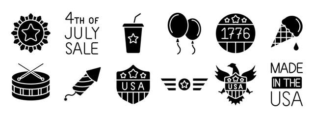 4th of July set icon. Drum, rocket, USA shield, balloons, eagle, fireworks, soda cup, calendar, American flag, hat, burger, barbecue, blimp, sunglasses, patriotic symbols. Independence Day concept