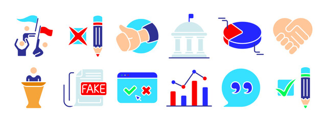 Politics set icon. Voting, debate, political campaign, handshake, government building, pie chart, ballot, exit poll, protest, podium, check mark, statistics, democracy, election concept.