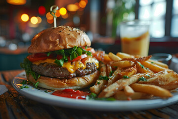 Cheese burger   American cheese burger with Golden French fries on wooden table