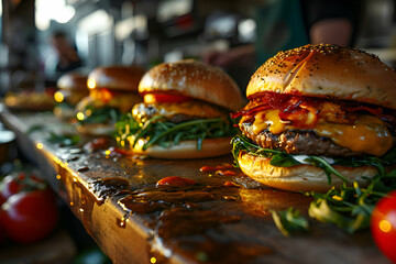 Close up of hamburgers with beef. cheese. arugula and tomato