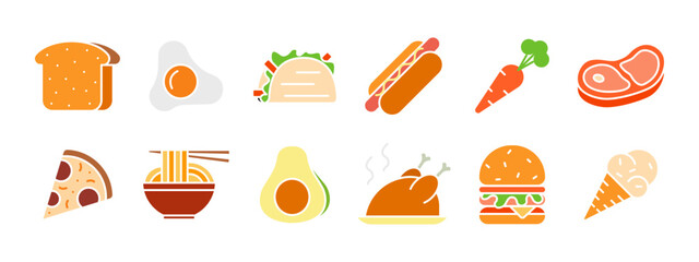 Food set icon. Bread, fried egg, taco, hot dog, carrot, steak, pizza, ramen, avocado, roast chicken, burger, ice cream cone. Food, cuisine.
