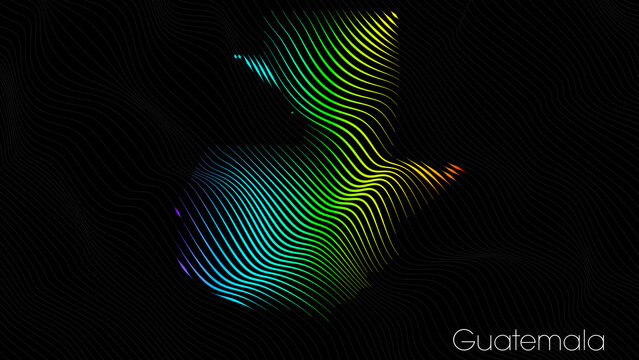 A map of Guatemala is presented in the form of colorful vertical lines against a dark background. The country's borders are depicted in the shape of a rainbow-colored diagram.