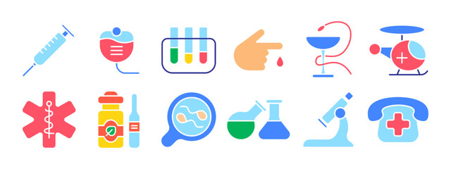 Medical set icon. Syringe, blood bag, test tubes, blood drop, helicopter, medical cross, medicine bottle, magnifying glass, flasks, microscope, phone with cross. Medicine, healthcare.