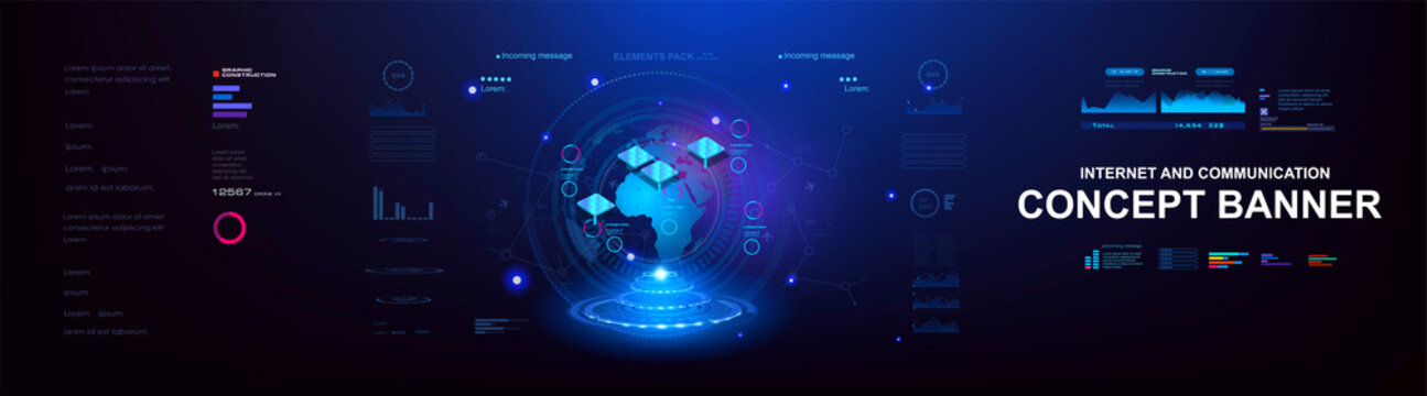 Futuristic cyber banner with HUD elements. Internet technologies and communications on a futuristic background. The process of exchanging information and data through the global Internet