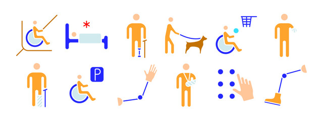 Disability set icon. Wheelchair ramp, bed, crutches, guide dog, wheelchair basketball, prosthetic leg, cast, parking, prosthetic arm, braille, support. Accessibility and assistance concept.