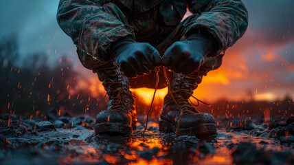 a soldier tie up his boots , extreme closeup of his boots ,generative ai