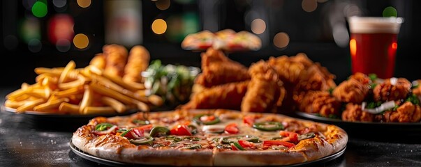 Assorted fast food including pizza, fries, fried chicken, and a drink on a dark background, perfect for dining and food industry themes.