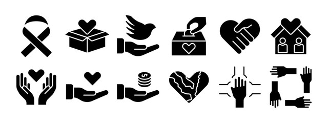 Charity set icon. Ribbon, donation box, peace dove, hands holding heart, house with heart, coins, Earth heart, teamwork, support. Charity and kindness concept.