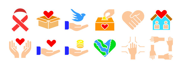 Charity set icon. Ribbon, donation box, peace dove, hands holding heart, house with heart, coins, Earth heart, teamwork, support. Charity and kindness concept.