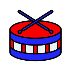 Patriotic drum icon. Red, white, and blue drum with crossed drumsticks. Celebration and parade concept.