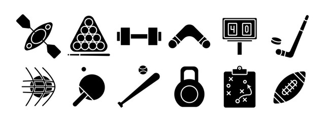 Obraz premium Sports equipment set icon. Kayak, billiards, dumbbell, boomerang, scoreboard, hockey stick, basketball, table tennis, baseball bat, kettlebell, strategy board, football. Fitness and sports concept.