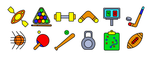 Sports equipment set icon. Kayak, billiards, dumbbell, boomerang, scoreboard, hockey stick, basketball, table tennis, baseball bat, kettlebell, strategy board, football. Fitness and sports concept.