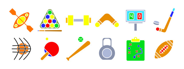 Sports equipment set icon. Kayak, billiards, dumbbell, boomerang, scoreboard, hockey stick, basketball, table tennis, baseball bat, kettlebell, strategy board, football. Fitness and sports concept.