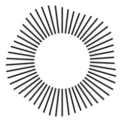 Circular frame. Round shape. Radial black concentric particles. Ring of short thin rays with wavy silhouette isolated white background. Sound wave. Infographic element. Vector illustration.