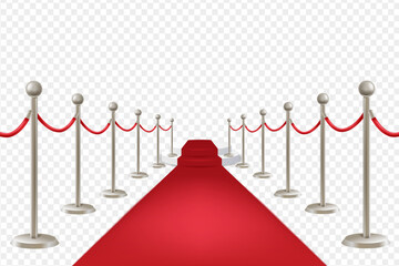 Red carpet on stairs with red ropes on golden stanchions and golden barriers. Barrier Rope Luxury Vip Concept. Vector illustration EPS10