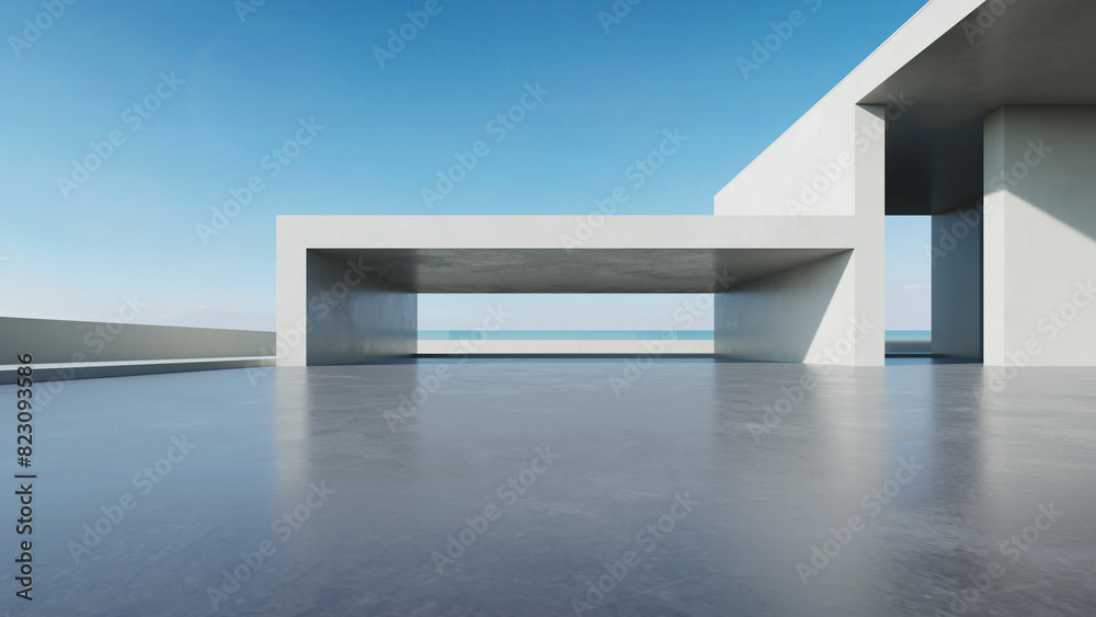 Poster  3d render of abstract modern architecture with empty concrete floor, car presentation background.