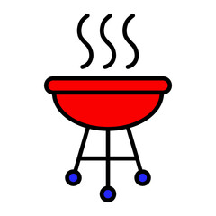 Barbecue grill set icon. Red grill, steam lines, cooking, outdoor BBQ, summer, picnic, grilling, food preparation, party.