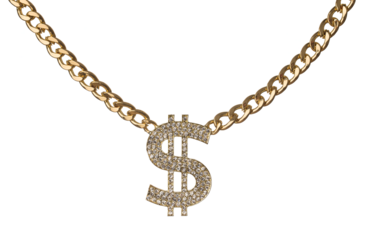Necklace of dollar symbol with golden chain isolated on transparent background, png file