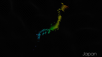A map of Japan is presented in the form of colorful vertical lines against a dark background. The country's borders are depicted in the shape of a rainbow-colored diagram. © Andrey Shtepa