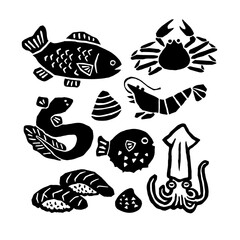 seafood,  Japanese Hand-drawn black silhouette vector symbol illustration 
