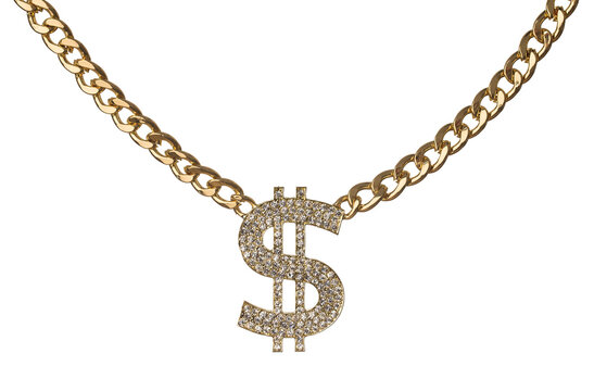 Necklace of dollar symbol with golden chain isolated on transparent background, png file