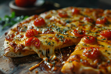 Pizza with mozzarella cheese and cherry tomatoes on wooden board