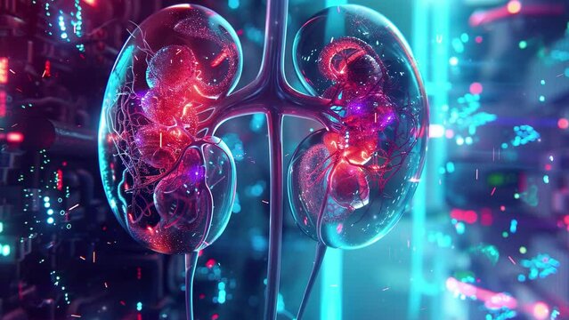 Human kidney futuristic. 3D illustration of human kidneys. Science and Medical technology. Kidney anatomy. Kidney cross section. Kidney hologram. Kidney disease. 4K Videos