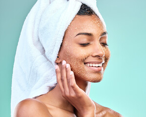 Woman face, skin care and salt scrub in studio for beauty, exfoliation and wellness or dermatology....