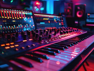 Mixing console, headphones, and keyboard