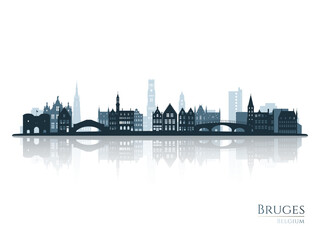 Bruges skyline silhouette with reflection. Landscape Bruges, Belgium. Vector illustration.